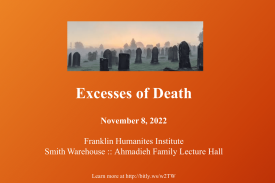 Event poster. Photo of tombstones. White text on orange background.
